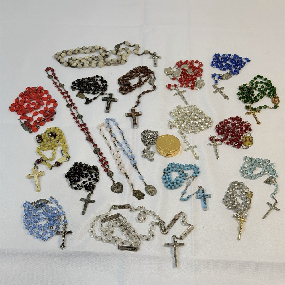 Lot of 20 Rosary Bead Necklaces Gold Silver Multicolor Religious Cross Vintage